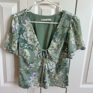 Abercrombie & Fitch Green Floral Blouse with Tie Front